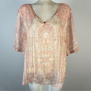 Cream Elegant V-Neck Paisley Blouse in Soft Pink 44